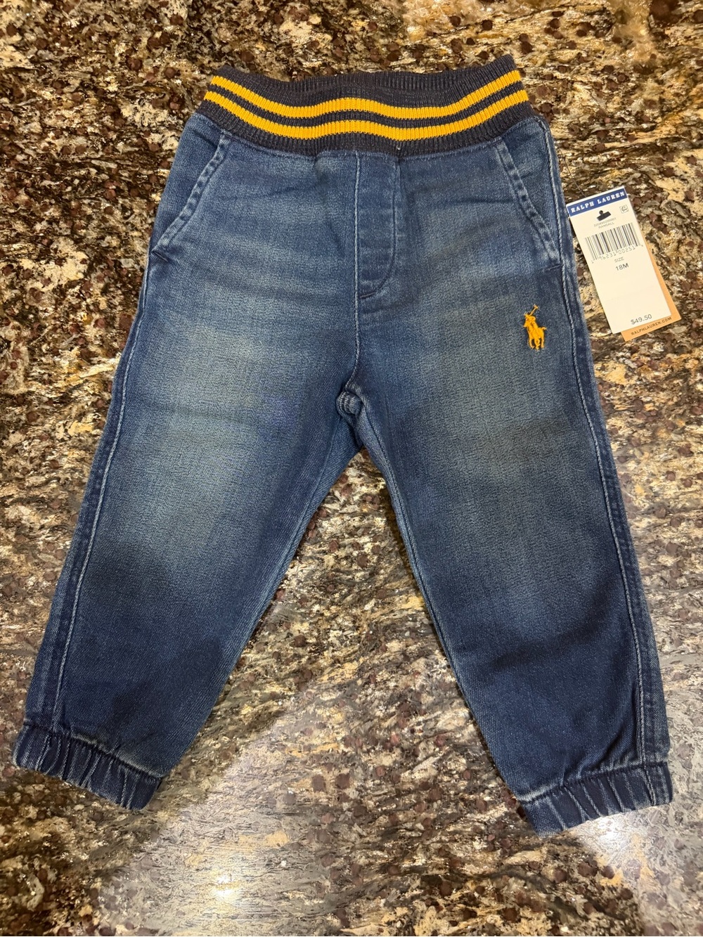 NWT Ralph Lauren Baby Navy Denim Joggers with Yellow Stripe Waistband 18 months